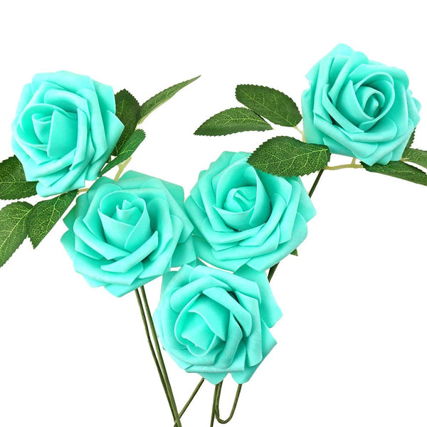 Latex Foam Artificial Rose Stems, Aqua, 9-1/4-Inch, 25-Count