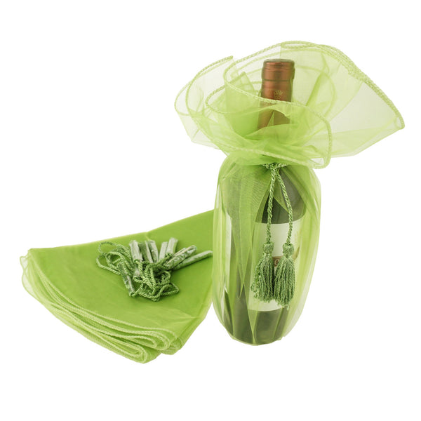 Organza Wine Bottle Wrap with Cord Tassel, 6-Count, 28-Inch, Moss Green