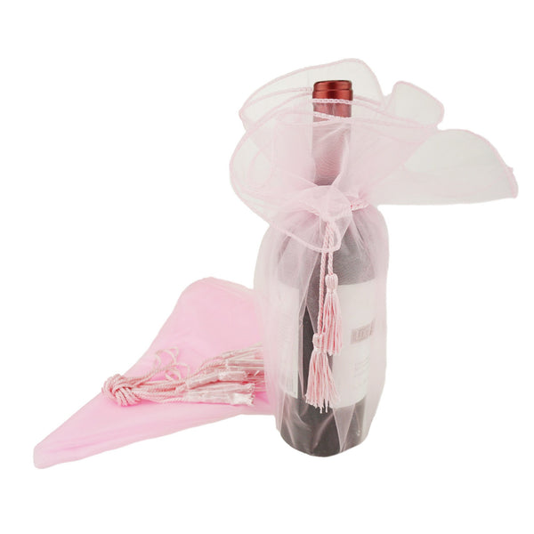 Organza Wine Bottle Wrap with Cord Tassel, 6-Count, 28-Inch, Light Pink