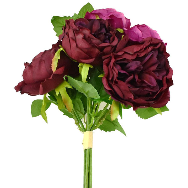 Artificial Peony and Sedum Bouquet, Wine, 11-Inch