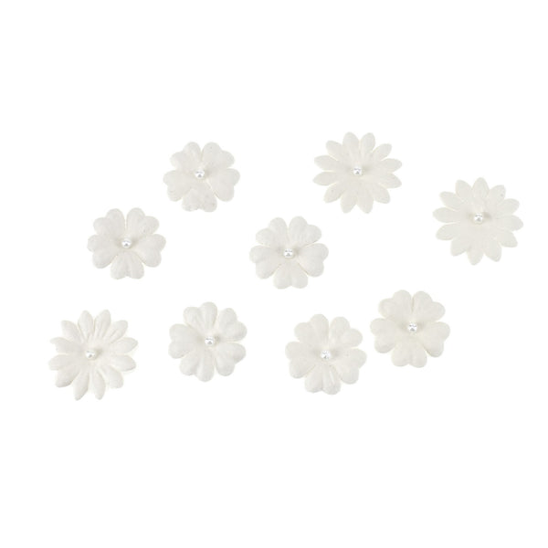 Handmade Paper Floral Embellishments With Pearls, 1-Inch, 32-Piece, White