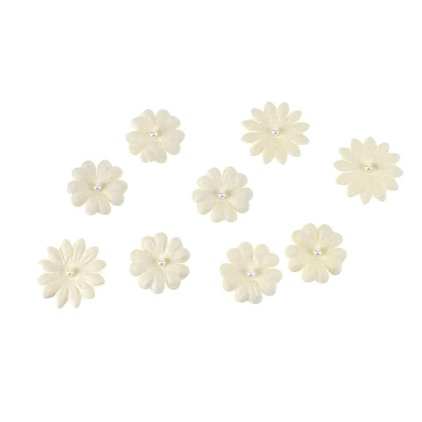 Handmade Paper Floral Embellishments With Pearls, 1-Inch, 32-Piece, Ivory