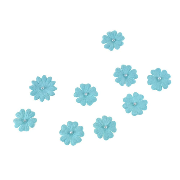 Handmade Paper Floral Embellishments With Pearls, 1-Inch, 32-Piece, Blue