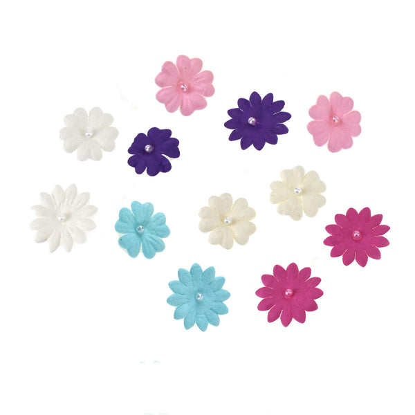 Handmade Paper Floral Embellishments With Pearls, 1-Inch, 32-Piece