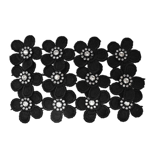 Fabric Flower Patch With Rhinestones, 1-1/2-Inch, 12-Count, Black