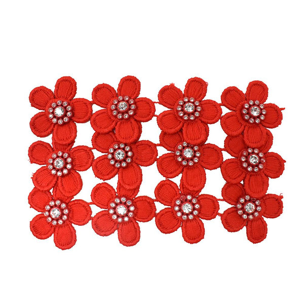 Fabric Flower Patch With Rhinestones, 1-1/2-Inch, 12-Count, Red