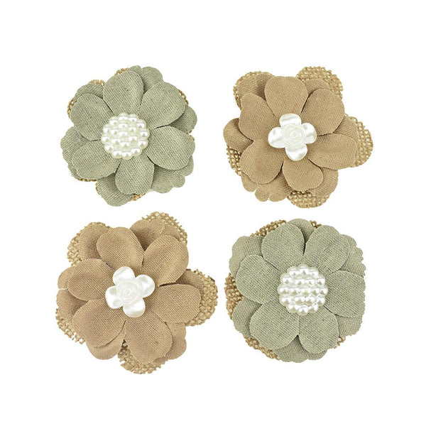 Self-Adhesive Canvas Flower With White Pearl Centers, 2-3/4-Inch, 4-Piece, Olive/Brown