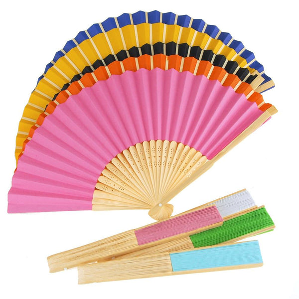 Paper Folding Hand Fan w/ Wooden Handle, 8-Inch