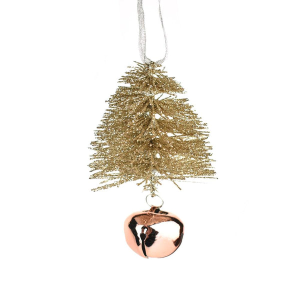 Glittered Bottle Brush Christmas Ornament with Bell, Rose Gold, 5-Inch