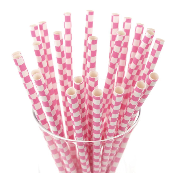 Race Car Checkered Paper Straws, 7-3/4-Inch, 25-Piece, Fuchsia