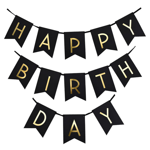 Gold Foil 'Happy Birthday' Bunting Banner, Black, 8-Inch, 16-Feet