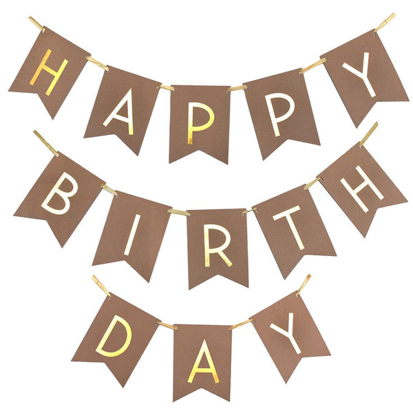 Gold Foil 'Happy Birthday' Bunting Banner, Natural, 8-Inch, 16-Feet