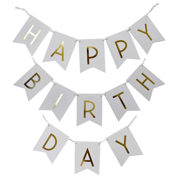 Gold Foil 'Happy Birthday' Bunting Banner, White, 8-Inch, 16-Feet