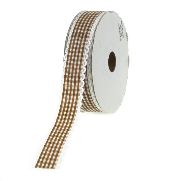 Gingham Picot-edge Polyester Ribbon, 7/8-inch, 25-yard, Brown