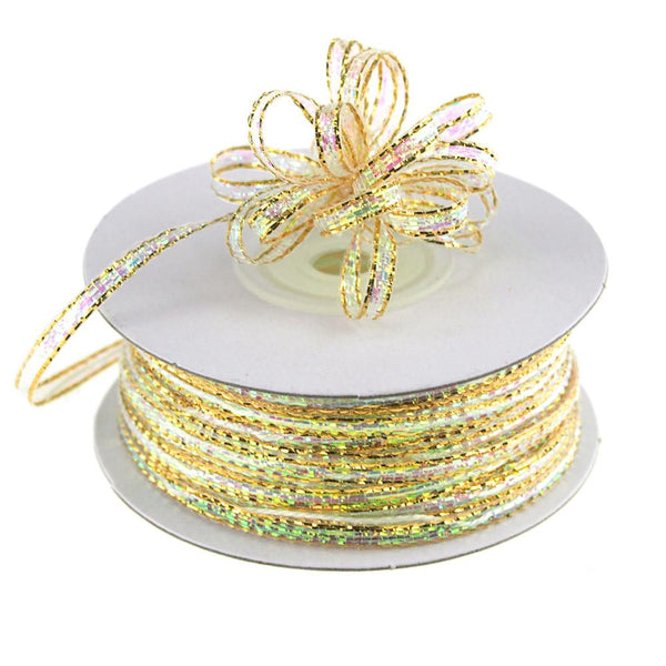 Iridescent Pull Bow Christmas Ribbon, 1/8-Inch, 50 Yards, Iridescent Gold