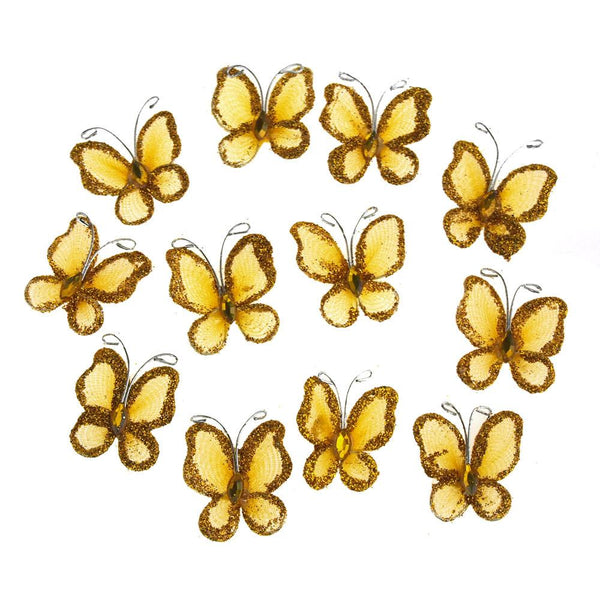 Organza Nylon Glitter Butterflies, 1-inch, 12-Piece, Gold