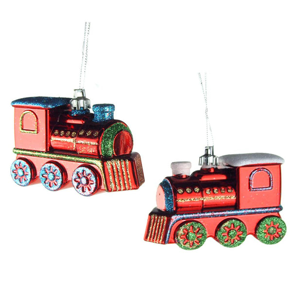 Glittered Multi Plastic Train Ornaments, Red, 3-Inch, 2-Piece