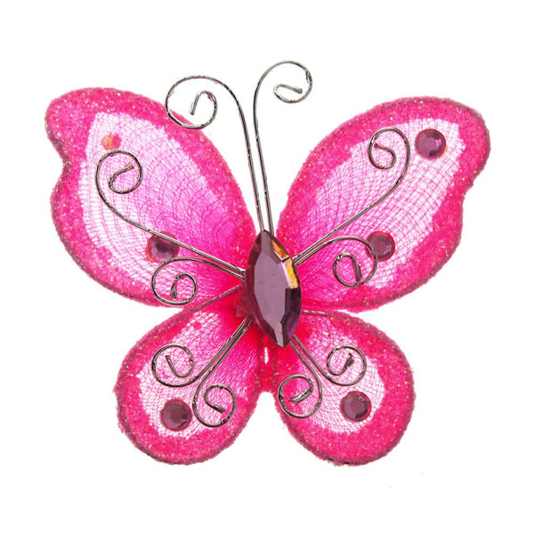 Organza Nylon Glitter Butterflies, 3-inch, 12-Piece, Hot Pink