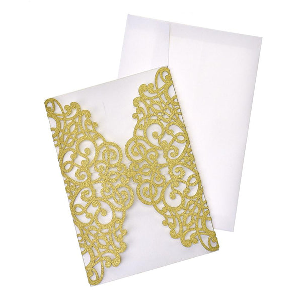 Glitter Scroll Swirl Laser Cut Invitations, 7-1/4-Inch, 8-Count, Gold