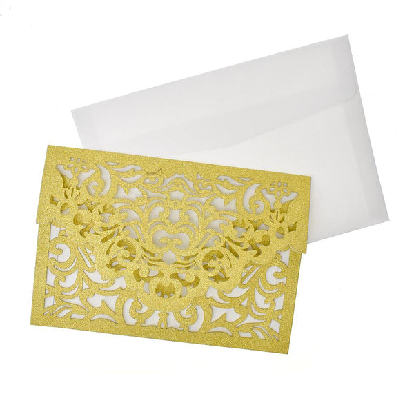 Baroque Glitter Laser Cut Invitations, 7-1/4-Inch, 8-Count, Gold