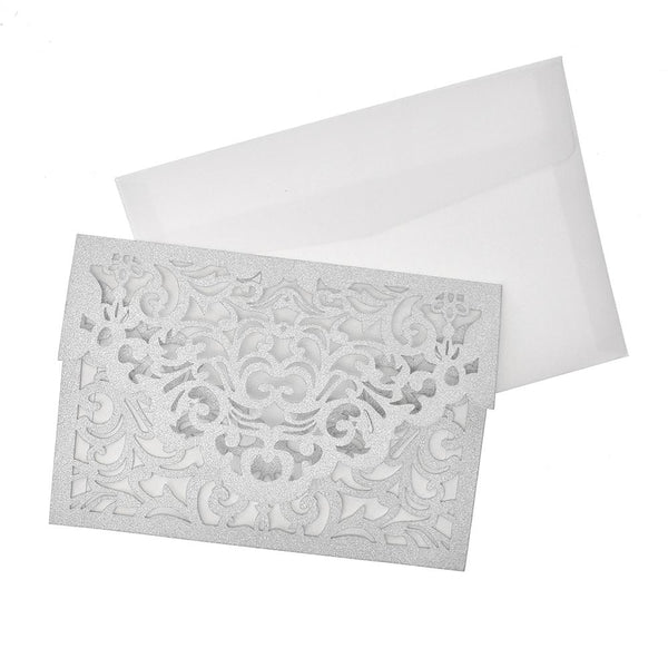 Baroque Glitter Laser Cut Invitations, 7-1/4-Inch, 8-Count, Silver