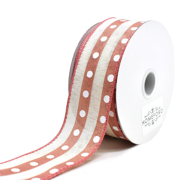 Studded Stripes Linen Wired Ribbon, Cream/Blush, 2-1/2-Inch, 10-Yard