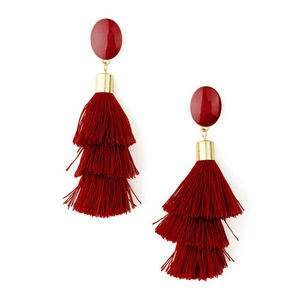 Three Layered Tassel Drop Earrings, Burgundy, 3-1/2-Inch