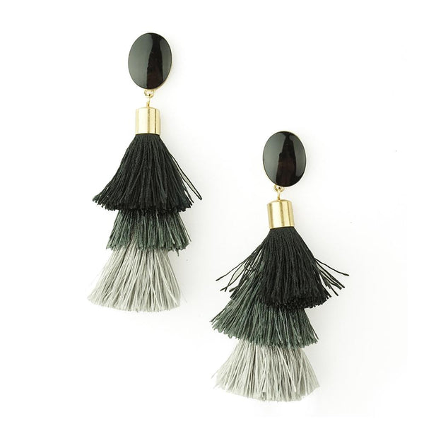 Three Layered Tassel Drop Earrings, Gray Shades, 3-1/2-Inch