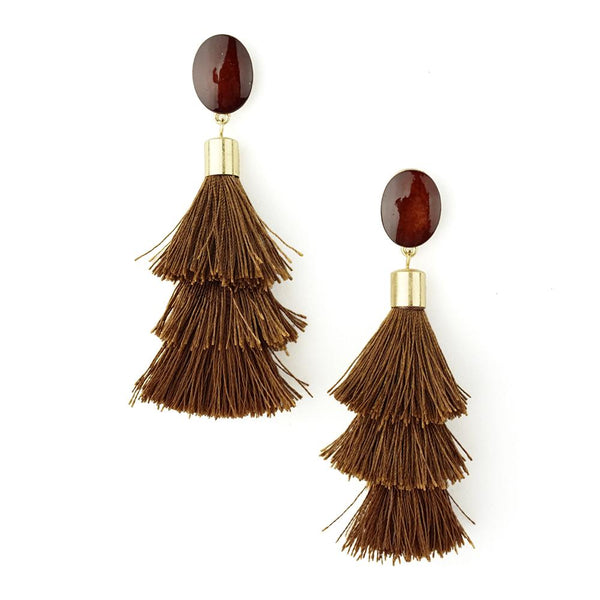 Three Layered Tassel Drop Earrings, Brown, 3-1/2-Inch