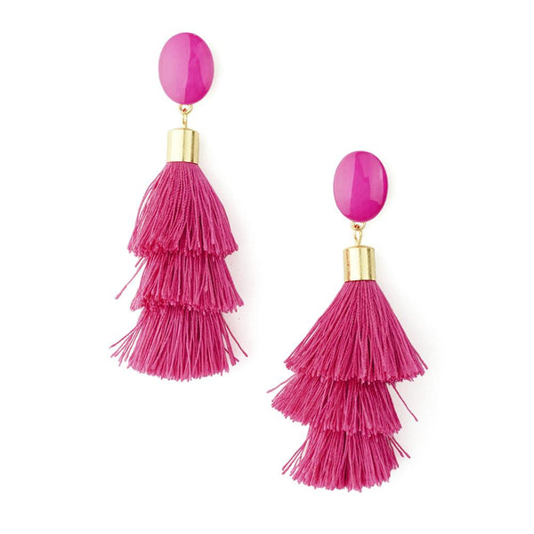 Three Layered Tassel Drop Earrings, Fuchsia, 3-1/2-Inch