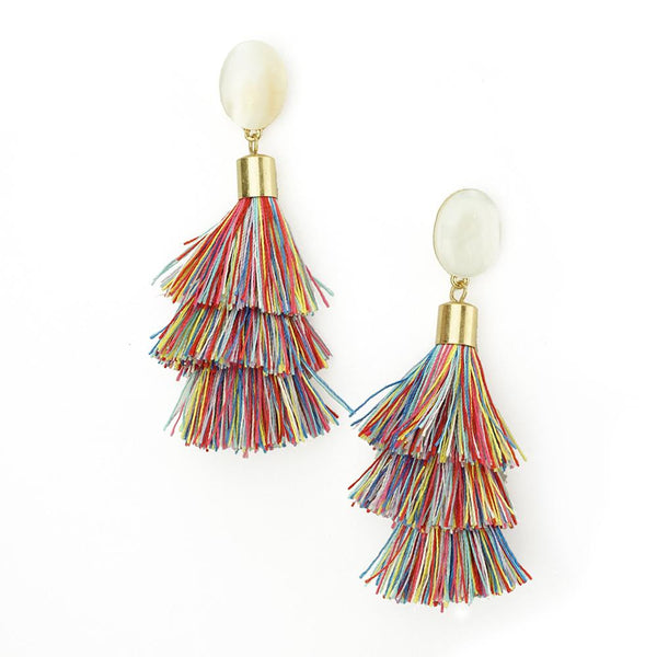 Three Layered Tassel Drop Earrings, Multicolor, 3-1/2-Inch