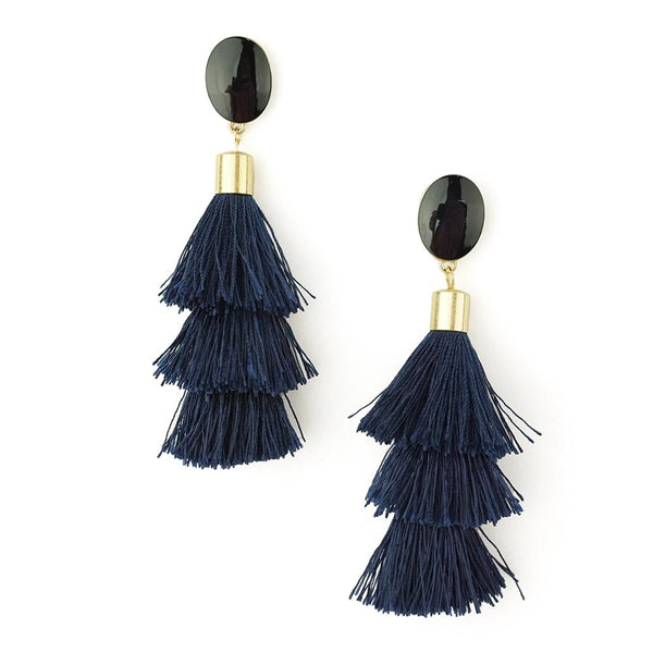 Three Layered Tassel Drop Earrings, Navy, 3-1/2-Inch