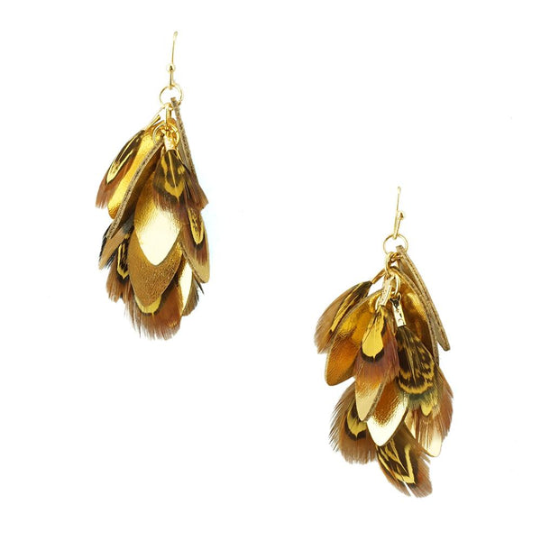 Hanging Leather and Feather Cluster Earrings, Gold, 1-3/4-Inch