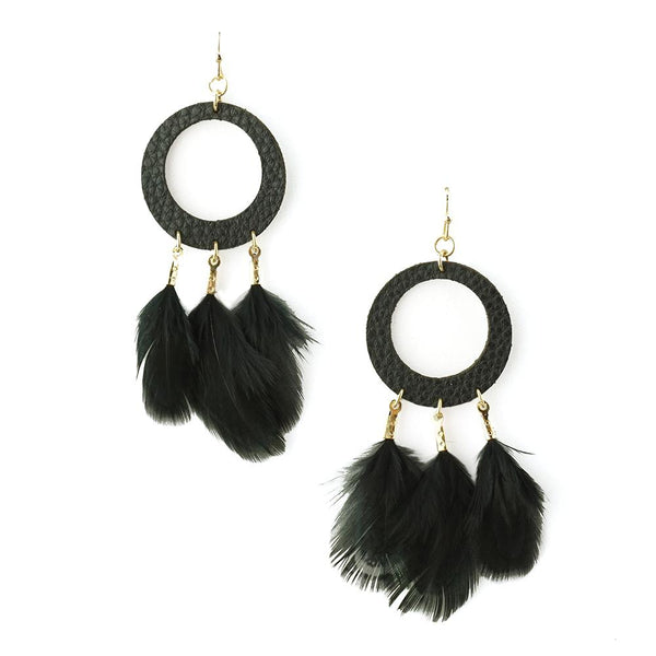 Hanging Leather and Feather Hoop Earrings, Black, 3-Inch