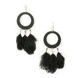 Hanging Leather and Feather Hoop Earrings, 3-Inch