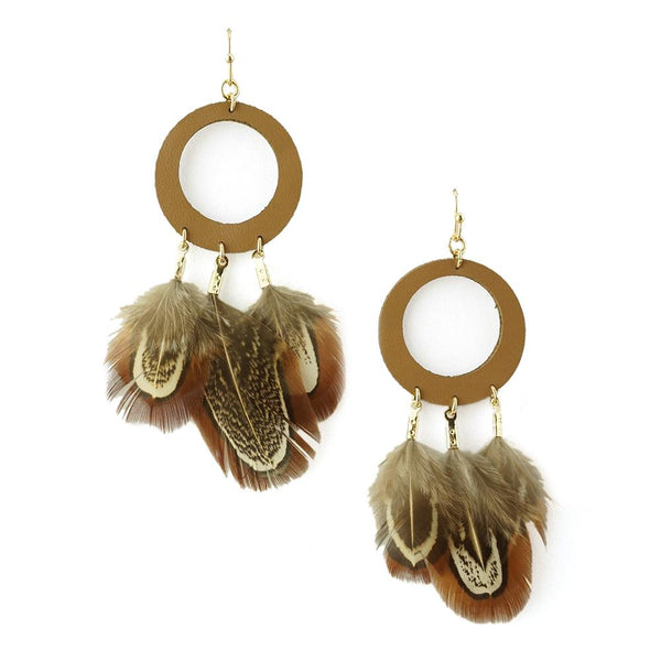 Hanging Leather and Feather Hoop Earrings, Brown, 3-Inch