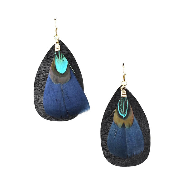 Tear Drop Shaped Leather With Feather Earrings, Black, 2-Inch