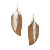 Feather Shaped Leather with Feather Drop Earrings, 2-3/4-Inch