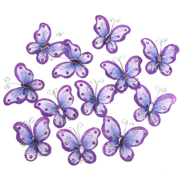 Organza Nylon Glitter Butterflies, 2-inch, 12-Piece, Lavender