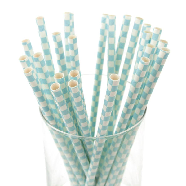 Race Car Checkered Paper Straws, 7-3/4-Inch, 25-Piece, Light Blue