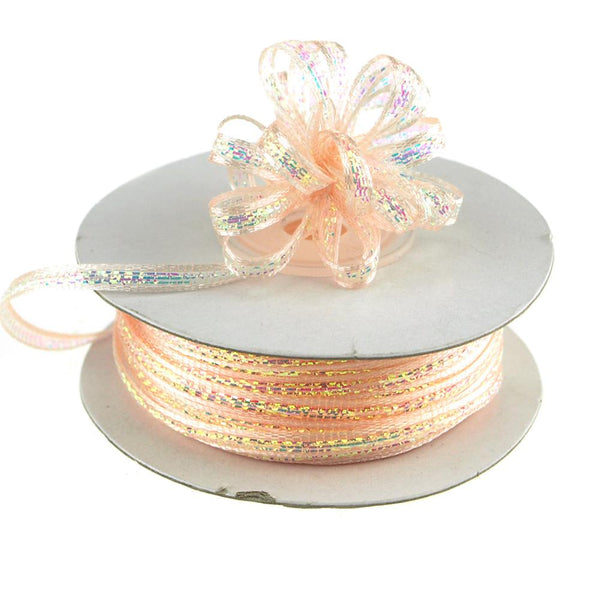 Iridescent Pull Bow Christmas Ribbon, 1/8-Inch, 50 Yards, Light Peach