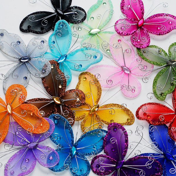 Organza Nylon Glitter Butterflies, 3-inch, 12-Piece