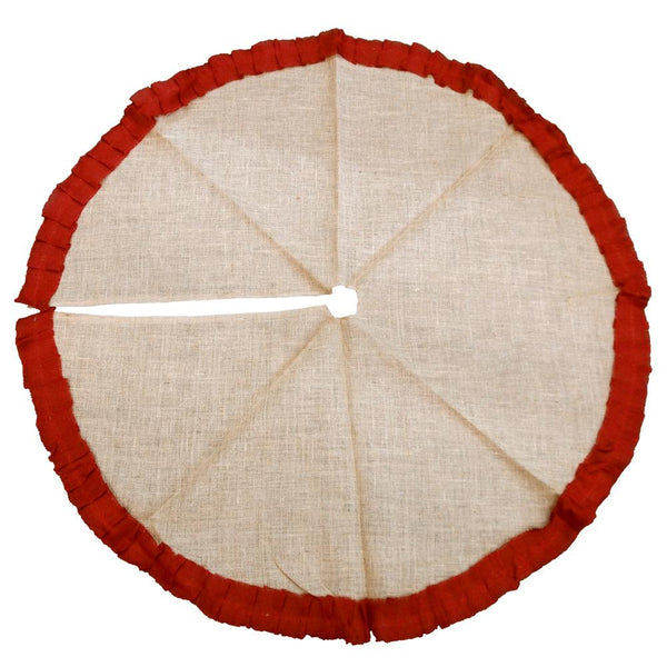 Natural Burlap Ruffled Christmas Tree Skirt w/ Red Cuff, Round, 48-Inch