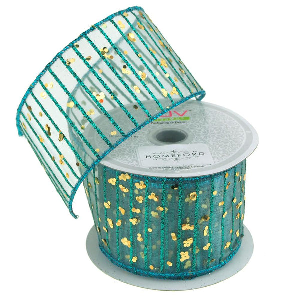 Glitter Stripes Confetti Christmas Ribbon, 2-1/2-Inch, 10 Yards, Turquoise/Gold