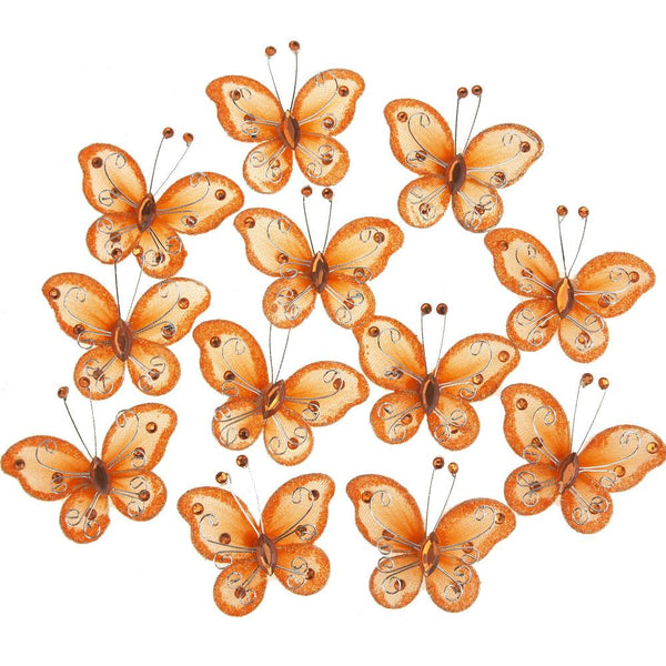 Organza Nylon Glitter Butterflies, 2-inch, 12-Piece, Orange