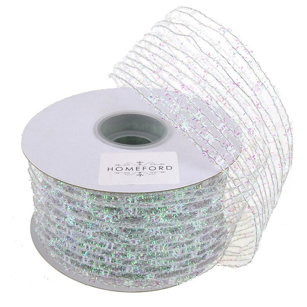 Mesh Net Glitter Ribbon Wired Edge, 2-1/2-Inch, 10 Yards, Iridescent White