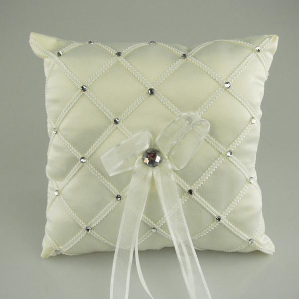 Ring Bearer Satin Pillows Wedding Occassion, 7-inch, Checkered Rhinestones, Ivory, CLOSEOUT