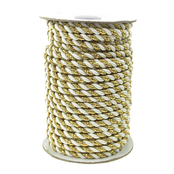 Gold Trim Twisted Cord Rope 2 Ply, 6mm, 25 Yards, White