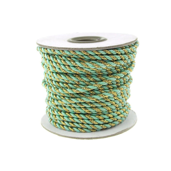 Twisted Cord Rope 2 Ply, 3mm, 25-yard, Gold Trim, Aqua