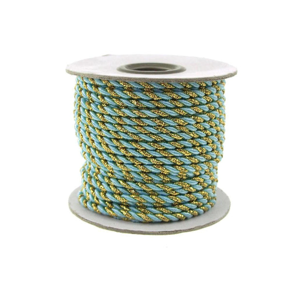 Twisted Cord Rope 2 Ply, 3mm, 25-yard, Gold Trim, Light Blue